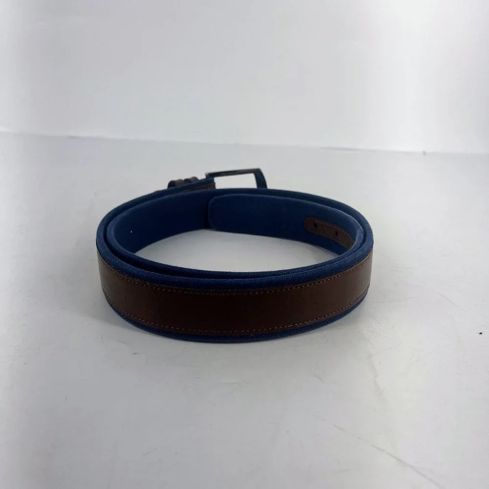 Nautica Mens Belt Brown‎ Leather Blue Canvas Silver Buckle Size 40